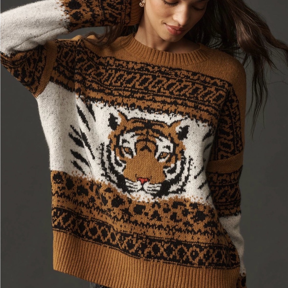 Pilcro Anthropologie  Tan and Black Tiger Crewneck Sweater XS NWT